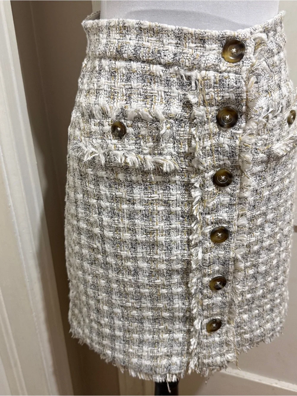 Ann Taylor Bouclé Cream Button-Front Mini Skirt
